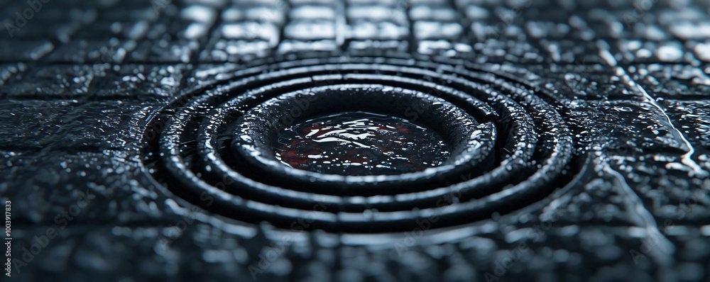 Poster a close-up view of rippling water in a dark, textured surface, highlighting patterns and reflections