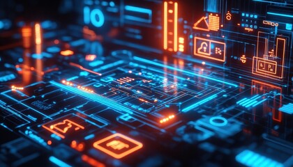 Obraz premium IoT devices in a smart home, with glowing holographic control panels and neon accents Futuristic Hologram Neon