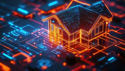 IoT devices in a smart home, with glowing holographic control panels and neon accents  Futuristic  Hologram  Neon