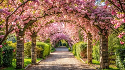 Long shot of a blossoming gateway with a profusion of flowers welcoming you at the doorstep