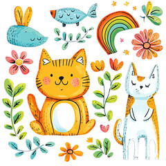 Set cats with flowers and nature