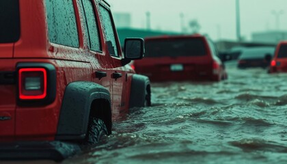 A dramatic scene of cars partially submerged in floodwaters, showcasing the impact of heavy rain and severe weather conditions.