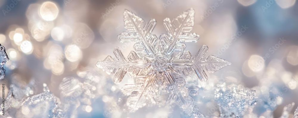Poster a close-up of a delicate snowflake resting on sparkling ice, showcasing intricate patterns and winte