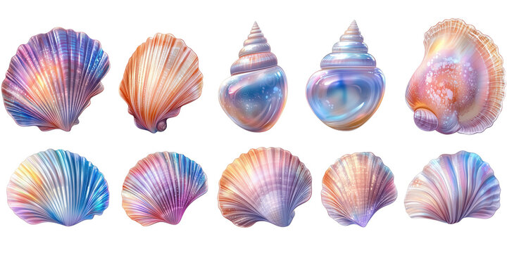 A set of holographic shells with bright shimmering glitter and fancy shapes. The shells are cut out and isolated on a transparent background. Iridescent shell gradient in blue and pink pastel shades.