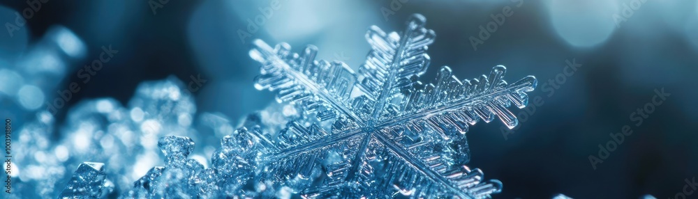Poster close-up of a beautiful snowflake with intricate details, showcasing its unique structure and gliste
