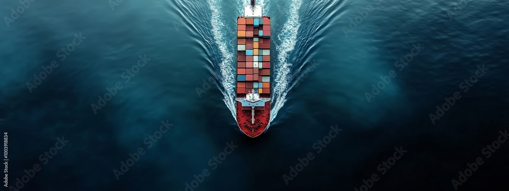 Poster aerial view of a cargo ship navigating through dark waters with colorful containers during daytime