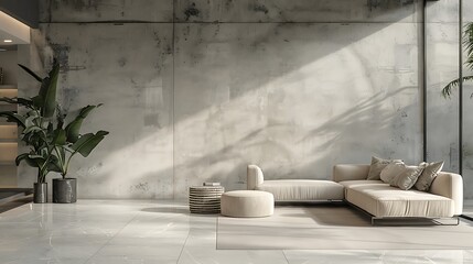 Dark living room interior with cozy sofa, plants and coffee table on grey wall background