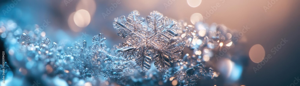 Poster close-up of a unique snowflake on a shimmering surface, showcasing intricate details and a blend of 