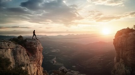 Silhouette of Person Crossing Highline Between Cliffs at Sunset
