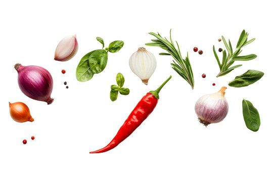 Various arrangement of spices and herbs with chili, garlic, onion and other isolated on background, rich flavors and aromatic for cooking.