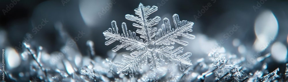 Poster a close-up view of a delicate snowflake resting on sparkling ice crystals, showcasing intricate patt