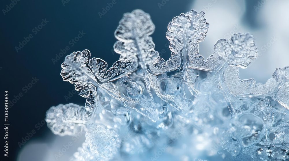 Poster close-up of a beautiful ice crystal showcasing intricate patterns and a mesmerizing bluish backgroun