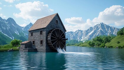 Fototapeta premium A picturesque stone watermill by a serene lake, surrounded by majestic mountains and clear blue skies, showcasing tranquil nature.
