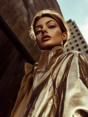 A confident woman in futuristic fashion with metallic sleeves stands tall in an urban cityscape at sunset. Glowing lights and sleek architecture create a dramatic, modern backdrop.