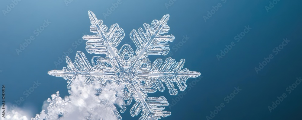 Poster a close-up of a delicate snowflake, showcasing intricate patterns against a soft blue background, sy