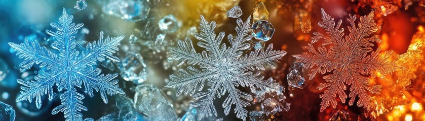 A stunning close-up of snowflakes with vibrant blue and orange backgrounds, showcasing unique patterns and textures in nature.