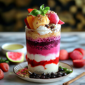 Vibrant faluda dessert with layers of rose syrup, vermicelli, basil seeds, and ice cream in a glass, surrounded by colorful toppings and fresh fruits