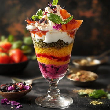 Vibrant faluda dessert with layers of rose syrup, vermicelli, basil seeds, and ice cream in a glass, surrounded by colorful toppings and fresh fruits