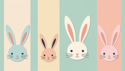 Fototapeta premium Colorful playful bunny faces, cheerful and whimsical, arranged on pastel striped background, illustration for easter holiday, copy space