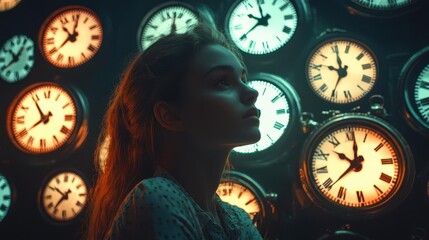 A contemplative young woman surrounded by an array of clocks, illustrating the passage of time in a captivating way