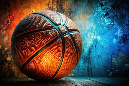 Low angle grunge basketball background in orange, blue, black, and white with a Final Four March Madness theme