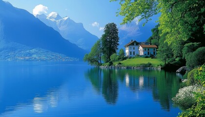 Fototapeta premium Serene Lakeside Retreat Picturesque Swiss House With Majestic Mountain, Lake, and Garden Views