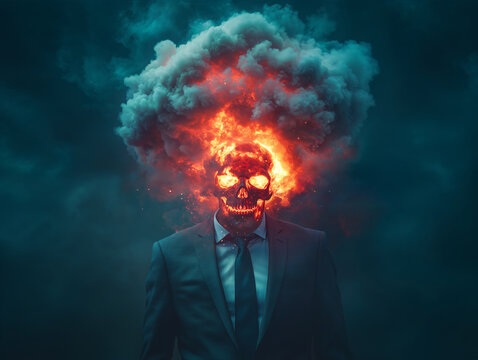 Death business, head skull businessman exploding in smoke fire, toxic finance war economy
