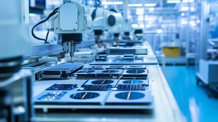 Advanced machinery working on electronic components in a high-tech manufacturing facility during daylight hours