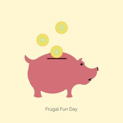 Frugal Fun Day vector, illustration. Piggy bank and coins.