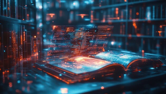 Online tutoring session with glowing holographic textbooks and digital learning tools  Futuristic  Hologram  Minimalist