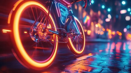 Outdoor cycling with glowing neon bikes and digital fitness tracking tools  Futuristic  Neon  High Detail