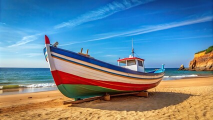 Fototapeta premium Low angle view of a colorful Algarvian fishing boat