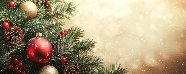 Christmas background with red and golden ornaments, pinecones, berries, and fir branches, set against a golden bokeh background with copy space.