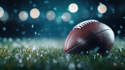 A close-up of a football resting on grass under dramatic lighting.