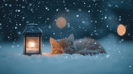 A cozy orange kitten sleeping peacefully beside a lantern in a snowy setting.