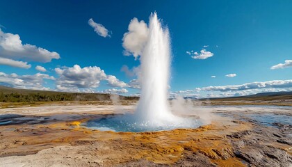 A stunning geothermal geyser erupts against a blue sky, showcasing nature's power and beauty in a...