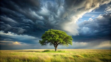 Fototapeta premium Low angle view of a lone tree standing tall against stormy sky