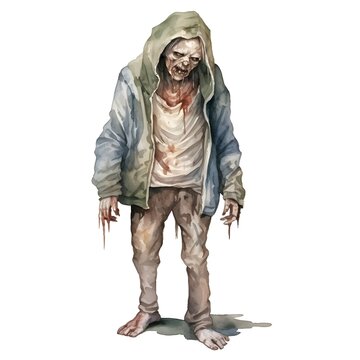 Watercolor of a Wounded Zombie with Torn Clothing Isolated on White Background