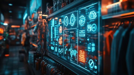 Obraz premium Plastic-free alternatives displayed with glowing holographic sustainability data in a futuristic store Futuristic Neon Eco-Friendly