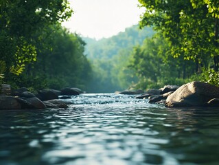 Fototapeta premium A tranquil river flows through a lush, green forest, reflecting the beauty of nature in peaceful serenity.