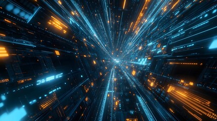 Obraz premium A vibrant, futuristic digital tunnel composed of glowing blue and red lights, representing the flow of data and technology. Abstract, high-tech visualization