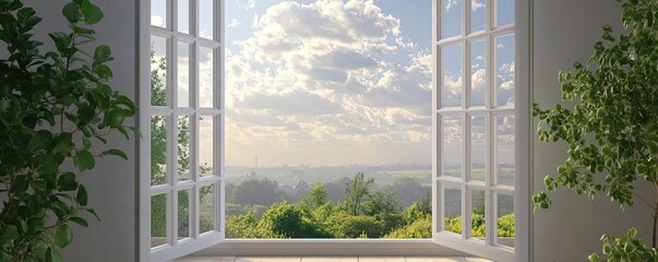 A serene landscape view through an open window, featuring lush greenery and soft clouds in a bright sky.