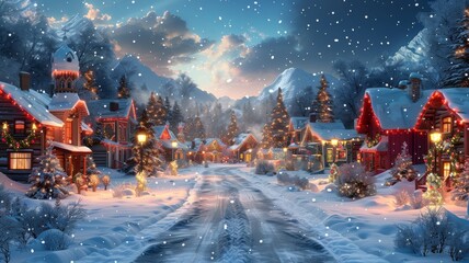 Winter village with snowy streets and festive decorations. Generative AI