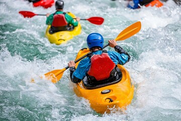 Fototapeta premium Adventurous kayakers navigate turbulent waters, showcasing thrilling outdoor activity and teamwork against a dynamic backdrop.