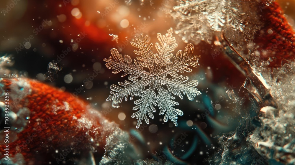Poster a breathtaking close-up of a delicate snowflake resting on ice, showcasing intricate details and vib