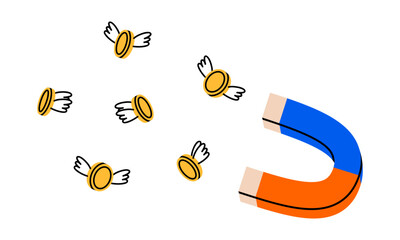 Hand drawn cute cartoon illustration of magnet attracts coin with outline wings. Flat vector catch flying money sticker doodle. Spend money, financial crisis icon. Income, success or wealth. Isolated.