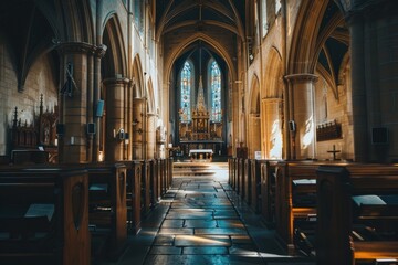 Fototapeta premium Sunlit Church Interior with Vaulted Ceiling, Gothic Architecture, and Peaceful Worshipful Atmosphere
