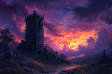 Ancient Wizard's Tower: A Captivating Oil Painting on Canvas for Fantasy and Adventure Enthusiasts