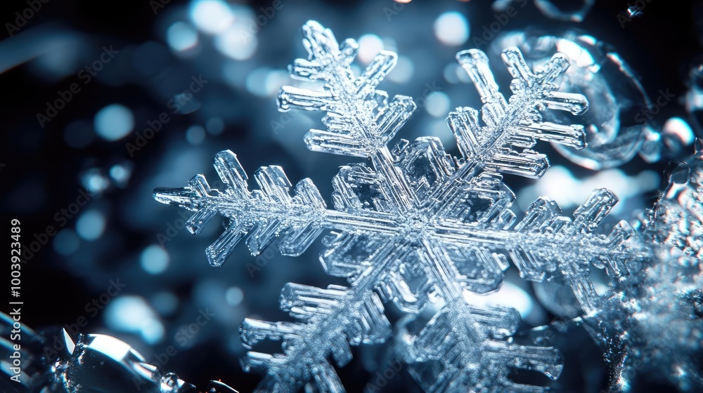 Poster a stunning close-up of a snowflake showcasing intricate details and unique symmetry, perfect for win