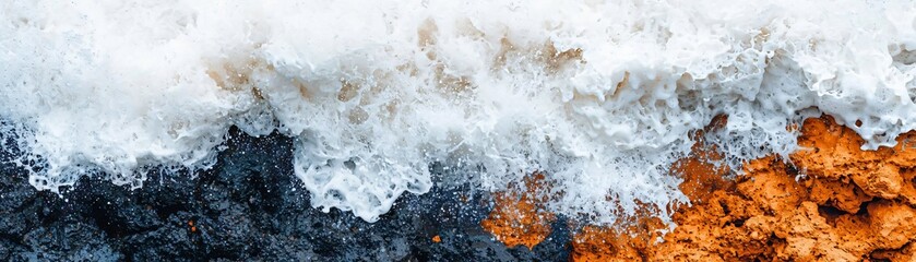 Obraz premium Aerial view of waves crashing against rocky coastline, highlighting the contrast between ocean foam and rugged terrain.